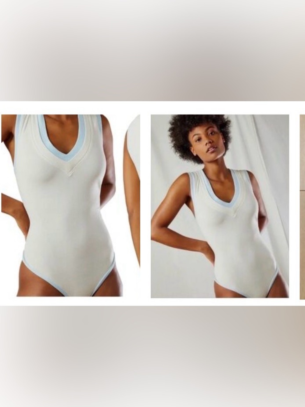 Free People White V-Neck Bodysuit with Light Blue Trim